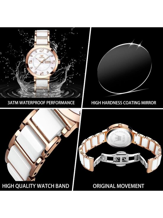 Women\'s Silver Rose Gold Ceramic Two Tone Ladies Casual Wristwatch Day Date Gift